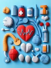 Colorful medical and health-themed illustrations arranged playfully on a blue background.