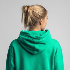 A young woman wearing a green hoodie, viewed from the back, exuding a relaxed and casual vibe.