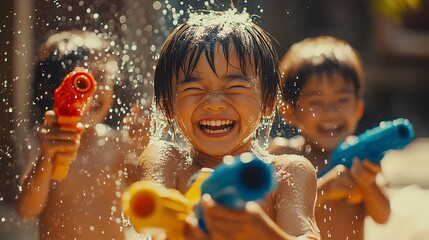 Children joyfully playing with water guns on a sunny day, capturing the essence of summer fun and carefree moments.