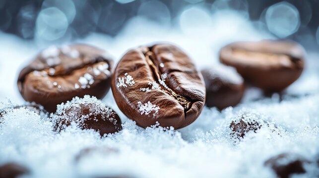 Close-up of coffee beans resting on snow, creating a stunning contrast of rich brown and white textures.
