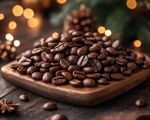 A wooden plate filled with roasted coffee beans, surrounded by festive lights and greenery, perfect for coffee lovers.