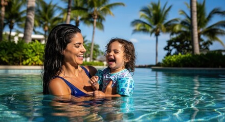 Fototapeta premium Happy mother and child in pool, tropical setting