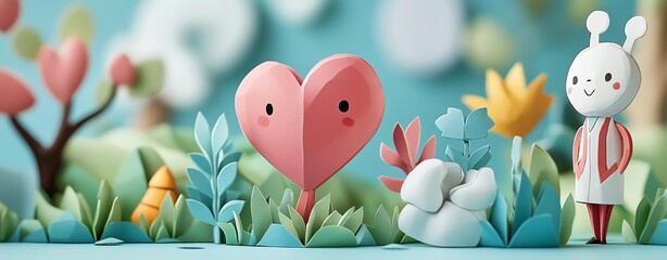 A whimsical scene featuring colorful characters and hearts, symbolizing joy and love in a vibrant, creative world.