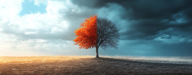 A striking tree amidst contrasting skies, showcasing vibrant autumn foliage in an expansive landscape.