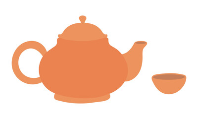 Ceramic teapot, teacup isolated on transparent. Flat vector illustration. Mid Autumn Festival design element, holiday clip art. Tableware, kitchen utensils, tea ceremony