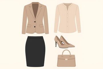 Business casual outfit ideas featuring blazer, blouse, skirt, heels, and handbag for professional settings
