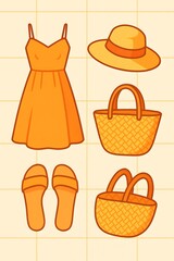 Summer outfit essentials featuring a bright orange dress, hat, and accessories for sunny days