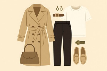 Fashionable outfit collection featuring a trench coat, trousers, and accessories in neutral tones