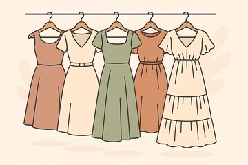Stylish dresses hanging on hangers in a minimalist setting showcasing various designs and colors