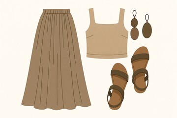 Casual summer outfit featuring a skirt, crop top, sandals, and accessories for warm weather