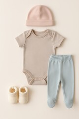 Soft baby outfit with hat and booties arranged on a light background