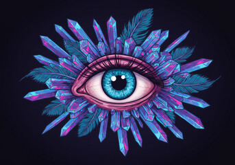 Hyper-Sharp Neon Eye Surrounded by Crystal Shards and Feathered Patterns in Cosmic Darkness