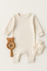 Soft baby outfit and wooden toy arranged on a neutral background for nurturing moments