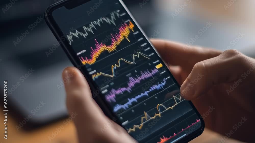 Poster a person is holding a cell phone that is displaying a graph. the graph is showing a downward trend, 