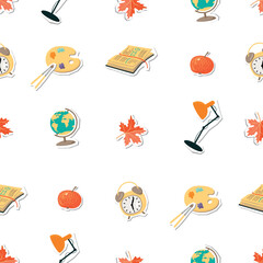 Back to school seamless pattern with apple, globe, table lamp, maple leaf, open book, alarm clock, brushes and palette. Cartoon objects with paper cut shapes. Vector print on fabric, wallpaper.