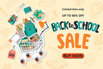Back to school sale banner template with shopping cart. Backpack, paints, pencils, globe and other accessories. Cartoon collage elements with paper cut shapes. Vector illustration in flat colors.