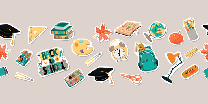Back to school border with school supplies. Books, backpack, pencil case, student's cap, apple, maple leaf, lamp, globe, alarm clock. Horizontal banner with cartoon collage elements. Vector design.