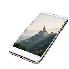 Photo of smartphone displaying a scenic landscape with a building on a hill, isolated on transparent background