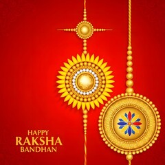 Festive raksha bandhan illustration with ornate golden rakhis on a vibrant red background