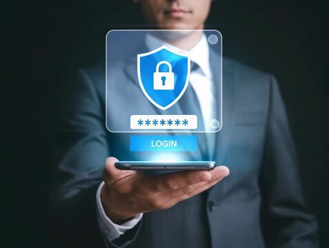 Safeguarding digital access a professional secures his mobile banking with advanced biometric login and multi factor authentication in a modern financial world