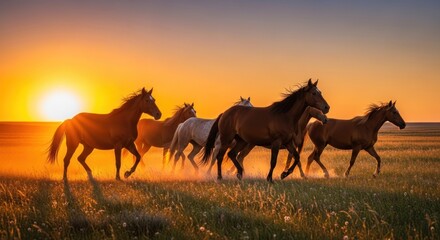 Horses running across a field at sunrise