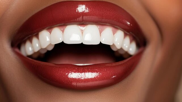 A woman with a big smile is showing her teeth. The teeth are white and the lips are red