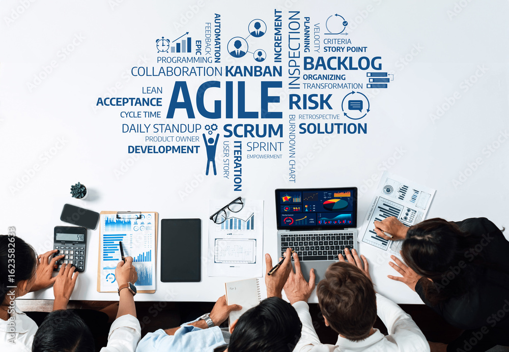 Poster a group of professionals engage in an agile project management meeting, using charts and digital dev