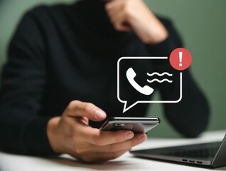 Missed call alert on smartphone as man checks notifications near laptop - Stay connected and never miss important updates with mobile technology solutions