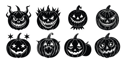 Vector art of collection of eight scary and spooky halloween jackolanterns with carved faces, isolated on white background.