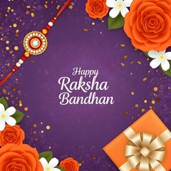 Festive raksha bandhan background with rakhi flowers and gift on a purple textured surface