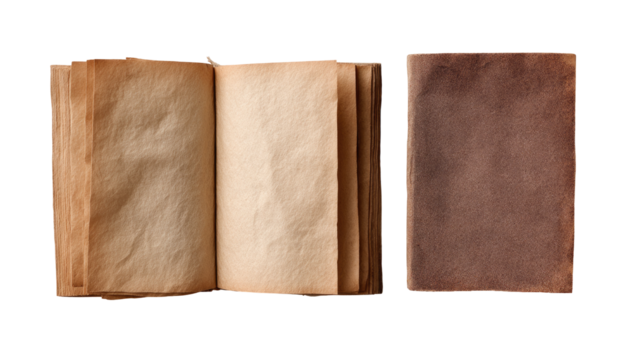 Two open vintage books, aged and weathered