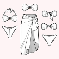 Bikini and sarong set with mix-and-match bandeau, halter, and tie-top options. Perfect for summer fashion, resort wear, and swimwear design. Editable vector.