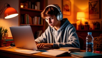 Teen focused on homework at a cozy desk with a laptop, books, and headphones. Ideal for Back to School promotions, online learning platforms, and International Youth Day campaigns.