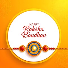 Happy raksha bandhan greeting card with a decorative rakhi on a yellow and white background design
