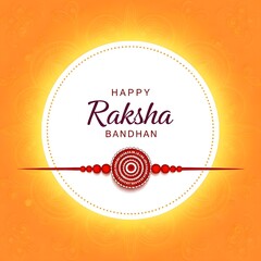 Happy raksha bandhan greeting card with a traditional rakhi on an orange and white background