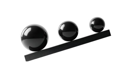 Three glossy black spheres resting on a dark, slanted bar