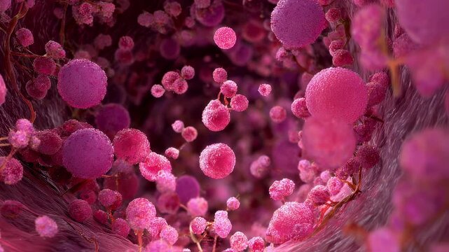 3D rendering of eosinophilic granulomatosis activity with swirling pink cells invading organ structures emphasizing multisystem involvement.