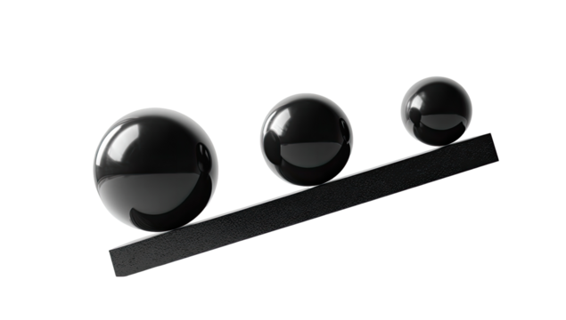 Three glossy black spheres resting on a dark, slanted bar