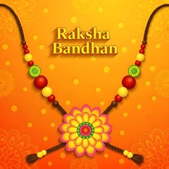 Illustration of a rakhi with beads and a flower on an orange background with raksha bandhan text