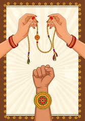 Illustration of hands holding rakhi above a wrist with rakhi on a floral bordered background