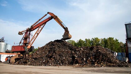 Industrial Excavator Sorting Scrap Metal at a Recycling and Reclamation Facility