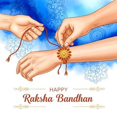 Illustration of hands tying a rakhi on a wrist for raksha bandhan celebration with blue background