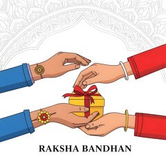 Illustration of raksha bandhan celebration with gift exchange and decorative wristbands design element