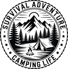 Retro-style circular logo depicting a mountain camping scene with a tent and campfire, symbolizing outdoor adventure and survival.