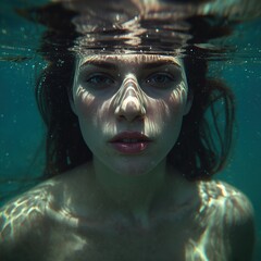 Retrato emocional y contemplativo de una joven con la mirada fija, sumergida justo por debajo del nivel del agua, creando una poderosa conexión con el espectador.