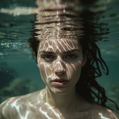 Concepto de serenidad y belleza natural con el rostro de una chica bajo el agua en una piscina, la luz del sol filtrándose y creando patrones luminosos sobre su piel.