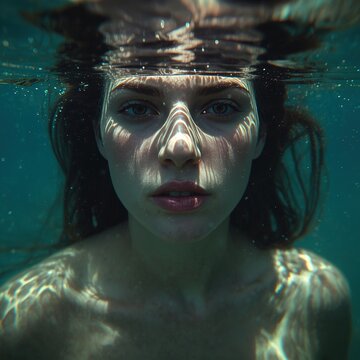 Retrato emocional y contemplativo de una joven con la mirada fija, sumergida justo por debajo del nivel del agua, creando una poderosa conexi&oacute;n con el espectador.