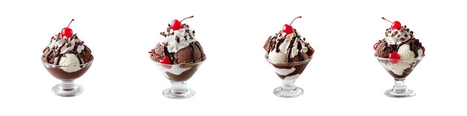 Set of Chocolate Sundaes with Vanilla Scoops, Cherries and Toppings isolated on transparent background