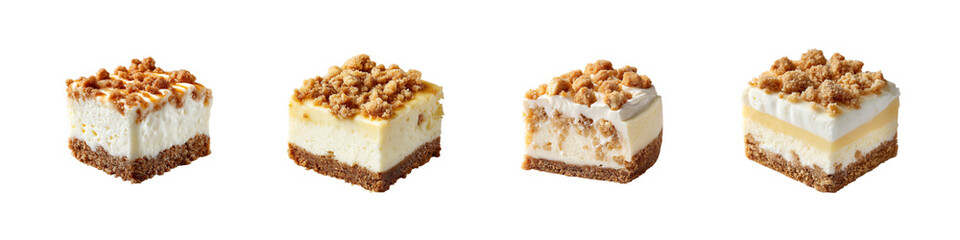 Set of Creamy Cheesecake Bars with Crumbly Caramel Topping isolated on transparent background