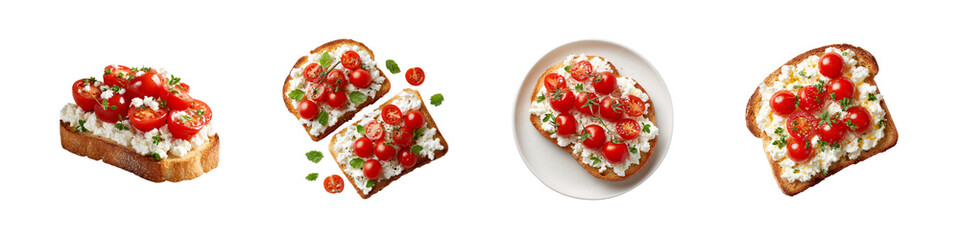 Set of Fresh Toast with Cottage Cheese and Cherry Tomatoes Garnished with Herbs isolated on transparent background